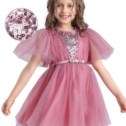 Hola Bonita Half Sleeves Party Wear Frock with V -Shaped Sequin Yoke and Glitter Mesh & Flare Sleeves -Pink-picture-19