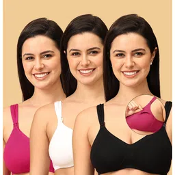 The Mom Store Cotton Elastane Pack Of 3 Sleeveless Solid Nursing & Feeding Non Padded Bra - Black White & Fuchsia-image-84