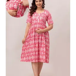 CeleBravo Pure Cotton Half Sleeves Ikat Printed Maternity Dress With Nursing Access - Pink-picture-18