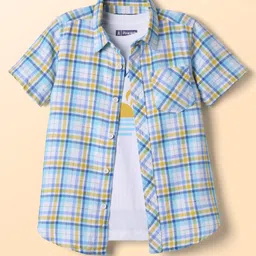 Pine Kids 100% Cotton Half Sleeves Checks Shirt With Text Printed Tank T-Shirt - Light Blue & White-picture-24