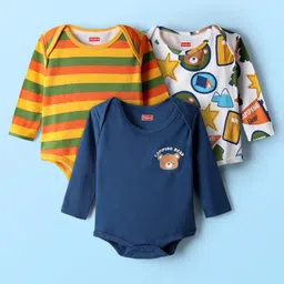 Babyhug 100% Cotton Interlock Knit Full Sleeves Onesies with Stripe Design & Animal Print Pack of 3 - Navy Blue White & Orange-picture-14