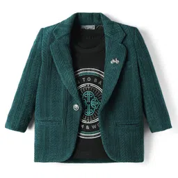 Dapper Dudes Full Sleeves Textured Blazer With Typography Printed Tee Set - Bottle Green-picture-28