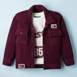 Dapper Dudes Full Sleeves Chevron Textured Jacket With Typography Printed Tee Set - Wine-picture-20