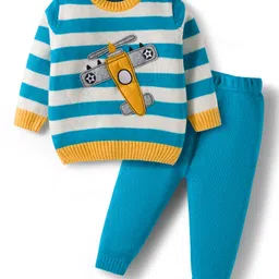 Babyhug Knitted Full Sleeves Sweater Set With Airplane Embroidery - Blue & Yellow-picture-20