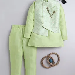 BT DEZINES Cotton Silk Woven Full Sleeves Solid Kurta Pyjama With Floral Embroidered Jacket Set - Light Green-picture-24