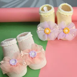 Yellow Bee Cotton Knit Pack Of 2 Floral Applique Detailed Socks - Multi Colour-picture-34