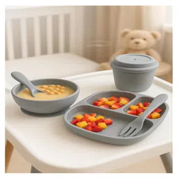 Kritiu 5 Pcs Silicone Baby Feeding Set, BPA Free & Microwave Safe Dinner Tableware Kit - Feeding Bowl, Suction Plate, Tumbler, Spoon & Fork for Kids, Toddler - Grey image 2