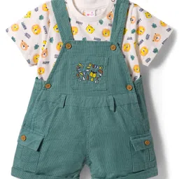 WOW Clothes Sinker Woven Half Sleeves Dungaree & Half Sleeves Printed Inner Tee - Green & White image 2