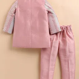 LITTLE COLLARS Jacquard Woven Full Sleeves Sequins Embellished Sherwani Pant Set With Brooch - Peach image 4