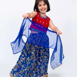 Twisha Sleeveless Floral Embroidered & Mirror Work Detailed Lehenga Choli With Dupatta Set - Red & Blue image 5