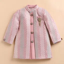 LITTLE COLLARS Jacquard Woven Full Sleeves Sequins Embellished Sherwani Pant Set With Brooch - Peach image 5