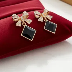 TESSARA Gold-Plated Artificial Stones Studded And Beaded Bow Shaped Drop Earrings image 5