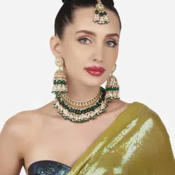 Zaveri Pearls Green Beaded Kundan Choker Necklace Earring Maangtikka Set-ZPFK16165-picture-46