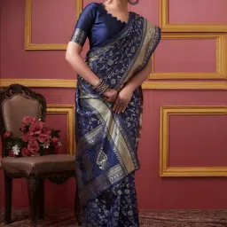 Satrani Navy Woven Saree With Unstitched Blouse image 4