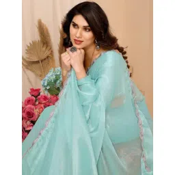 FABMORA Blue Embellished Saree With Unstitched Blouse image 5