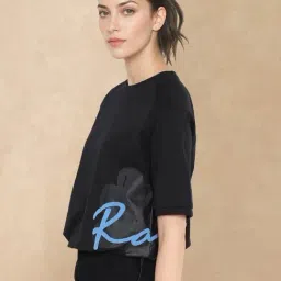 RAREISM Black Cotton Blend Printed Short Sleeves T-Shirt image 3