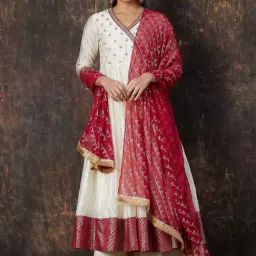 Melange by Lifestyle White Embroidered Angrakha Kurta With Dupatta-image-0