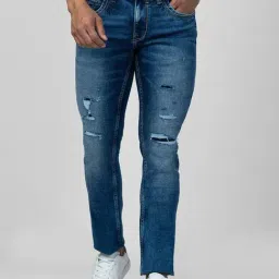 Spykar Mid Blue Cotton Slim Fit Distressed Jeans-picture-31