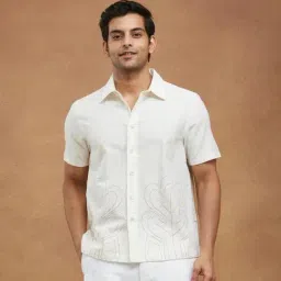 Fabindia Offwhite Cotton Embroidered Bush Shirt-image-4
