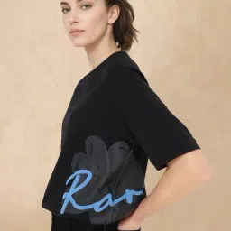 RAREISM Black Cotton Blend Printed Short Sleeves T-Shirt image 2