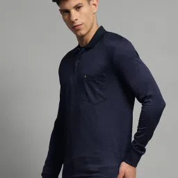 Monte Carlo Navy Blue Cotton Blend Regular Fit Self Design Polo T-Shirt image 4
