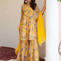 Janasya Yellow Floral Print Kurta & Sharara Set With Dupatta-image-22