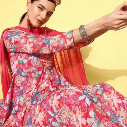Varanga Pink Floral Print Anarkali Kurta With Dupatta image 4