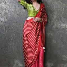 Chidiyaa Red & Rani Block Printed Modal Silk Saree-picture-47