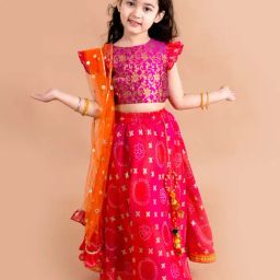 Pspeaches Girls Pink & Orange Cotton Regular Fit Printed Lehenga Choli-picture-1