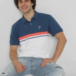 American Eagle Blue Cotton Regular Fit Colour Block Polo T-Shirt image 4