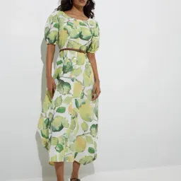 Utsa by Westside Lime Botanical Design Cotton A-Line Dress with Belt-picture-19