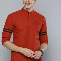 The Indian Garage Co Men Coral Red Solid Pure Cotton Kurta image 4