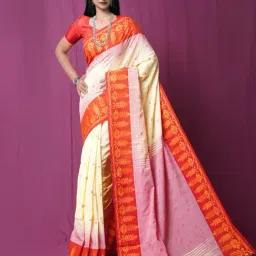 Unnati Silks Cream & Orange Linen Woven Saree With Unstitched Blouse-picture-24