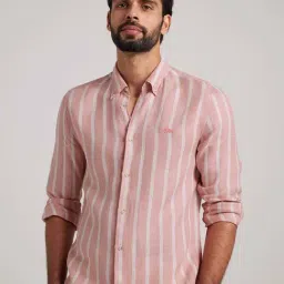 ANDAMEN Pink Slim Fit Striped Linen Shirt-image-45