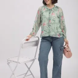 R&B Light Green Polyester Floral Print Relaxed Fit Top image 4