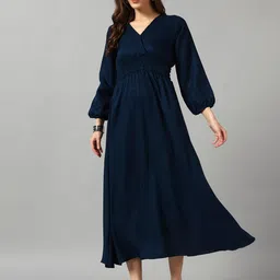 Krunal Raiyani Women V-Neck Puff Sleeves Smocked Fit & Flare Midi Dress-picture-21