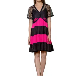 PATRORNA Dark Pink & Black Color-Block Fit & Flare Dress With Shrug-image-31