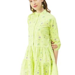 Moomaya Yellow & Green Floral Print A Line Dress-picture-43