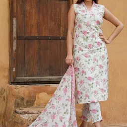 KALINI Women Floral Printed Regular Pure Cotton Kurta with Trousers & With Dupatta image 4
