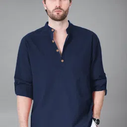 Yugnik Cotton Mandarin Collar Roll-Up Sleeves Straight Kurtas-image-12