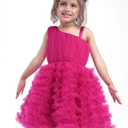 Babyhug Mesh Sleeveless Solid Color Party Frock - Fuchsia-image-75