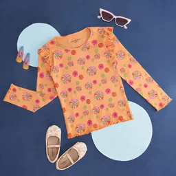 Pantaloons Junior Full Sleeves Frill Detailed Floral Printed Cotton Elastane Top - Pastel Orange-picture-19