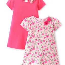 Babyhug 100% Cotton Single Jersey Knit Half Sleeves Frock With Bow Applique Floral Print Pack Of 2 - Pink-picture-19