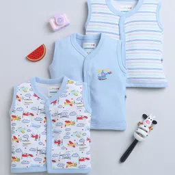 BUMZEE Pack Of 3 Sleeveless Striped & VehiclePrinted Jhablas -Sky Blue & White-picture-12