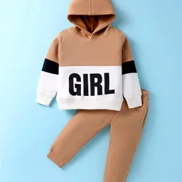 Pepito Fleece Knit Full Sleeves Winter Wear Hooded Sweatshirt & Lounge Pant Set With Text Print - Light Brown & White-picture-24