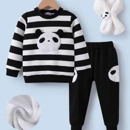 Kookie Kids Full Sleeves Striped Winter Wear T-Shirt & Lounge Pant Set with Panda Patch - Black-picture-14