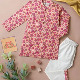 Desi Soota Cotton Woven Full Sleeves Mandala & Floral Printed Kurta & Coordinating Pyjama Set - Pink image 1