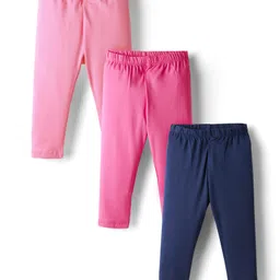 Babyhug Cotton Lycra Knit Full Length Solid Color Leggings With Stretch Pack of 3 - Pink & Navy Blue-image-71