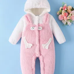 Mark & Mia Full Sleeves Winter Wear Hooded Romper With Ear Applique - Pink & White-picture-21