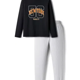 kookie kids india Kookie Kids Single Jersey Knit Full Sleeves Night Suit With Text Print - Black & White-picture-29